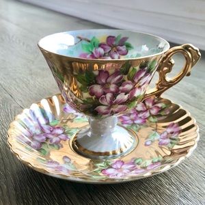 Teacup & Saucer Set w/Pink Flowers and Gold Detail